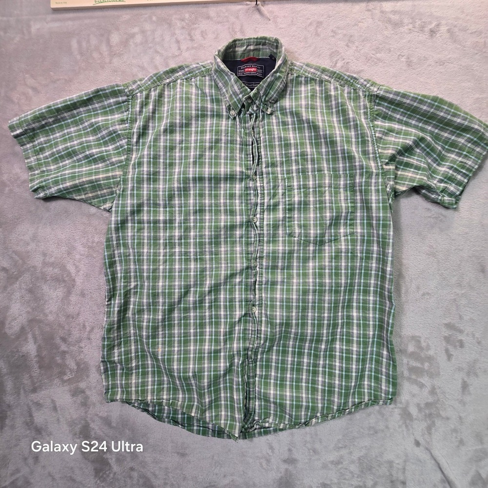 Wrangler Cool River Cotton Mens Green Plaid Short Sleeve Button Down Shirt M